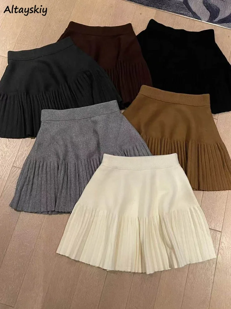 Preppy Style Knitting Mini Skirts Women Pleated Winter Warm Chic Soft Solid Leisure Sweet Gentle Girlish Classic Harajuku Simple