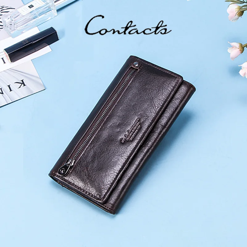 

CONTACT'S Vintage Genuine Leather Long Wallet Men Photo Holder 11 Slots Card Holder Money Bag Business Gift Travel Coin Purse