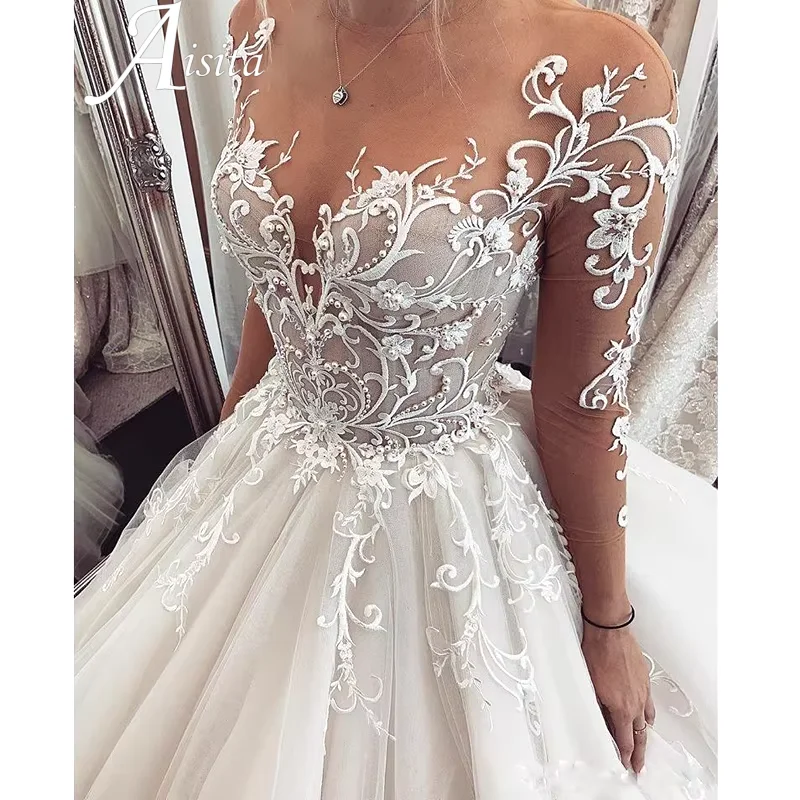 Maßgeschneidertes Brautkleid mit O-Ausschnitt und Spitze, Spitze, lange Ärmel, 2025, Prinzessin-Hochzeitskleid, Illusion, Brautkleider, A-Linie, Robe de Mariee