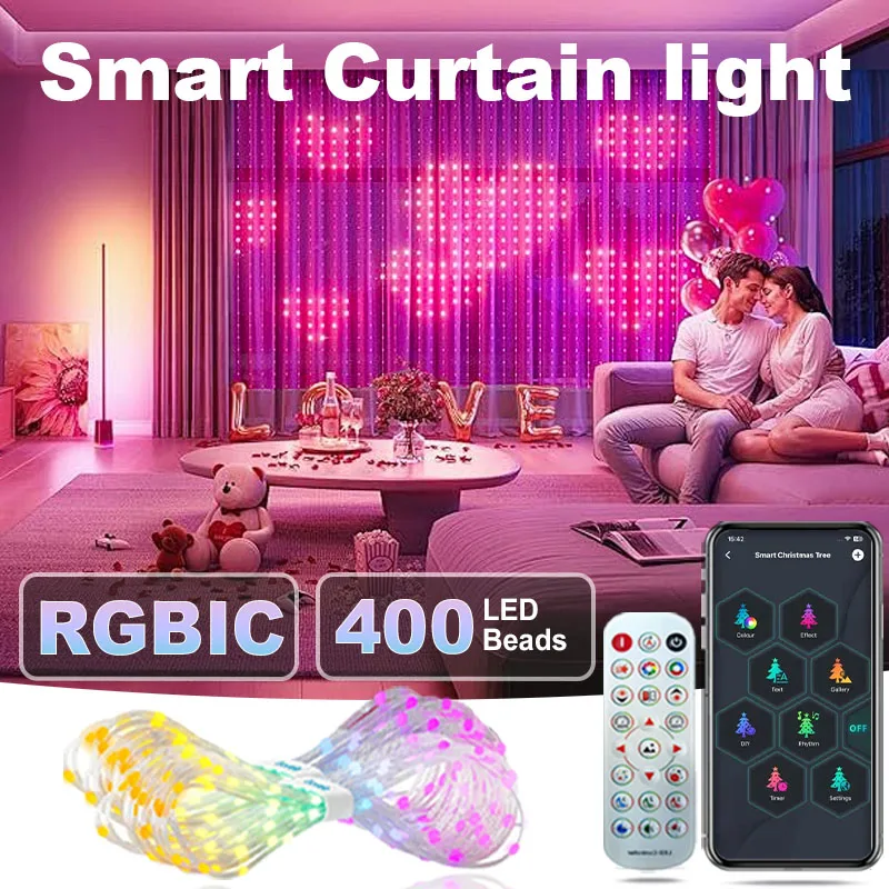 1/2PCS Smart LED Curtain Lights LED Fairy Lights App Control Music Sync DIY Pattern Waterproof for Indoor Outdoor Party Decor