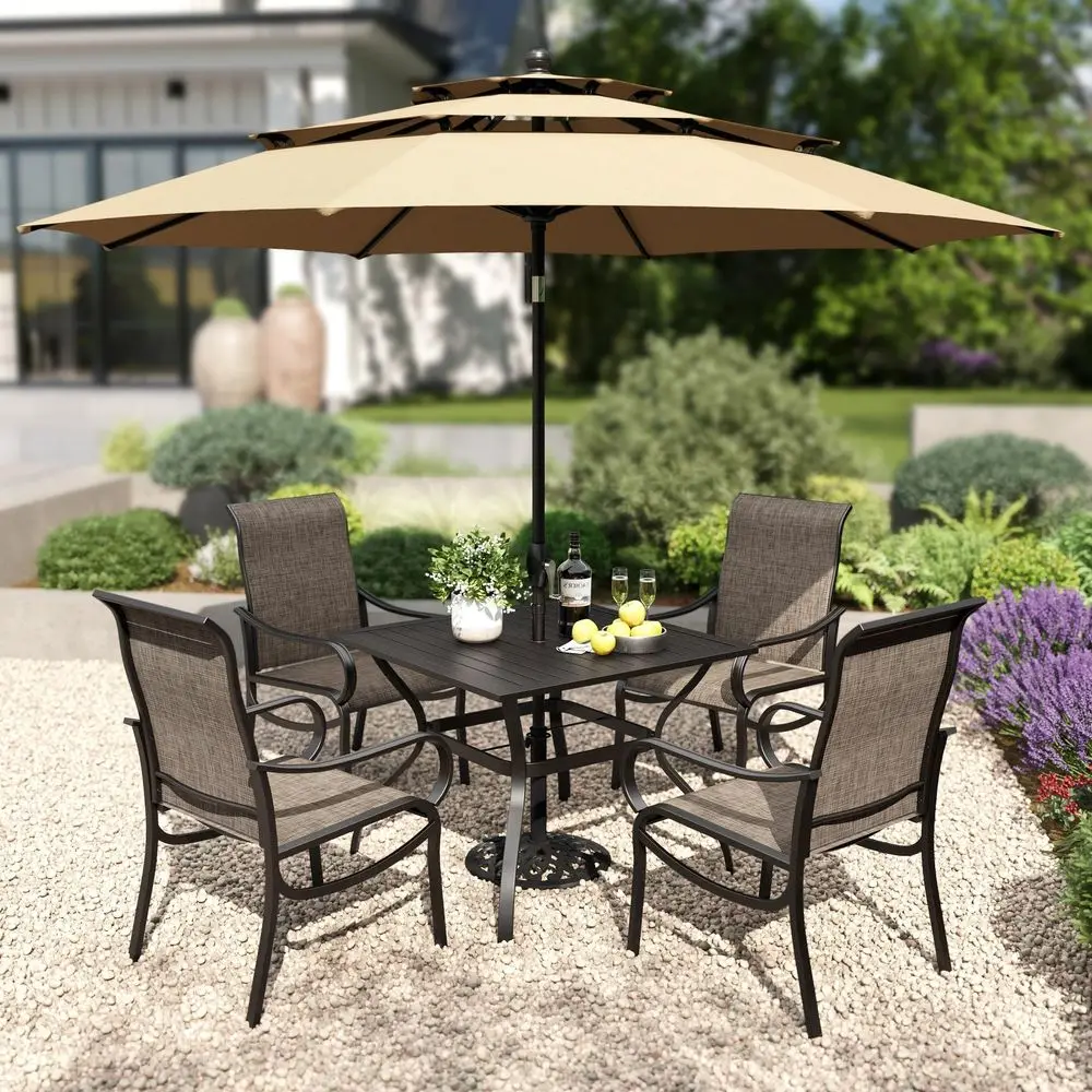

6 Pcs Patio Table and Chairs Set with 10ft Beige Umbrella for 4 Person, Square Metal Table and 4 High Back Outdoor Chairs, Pati