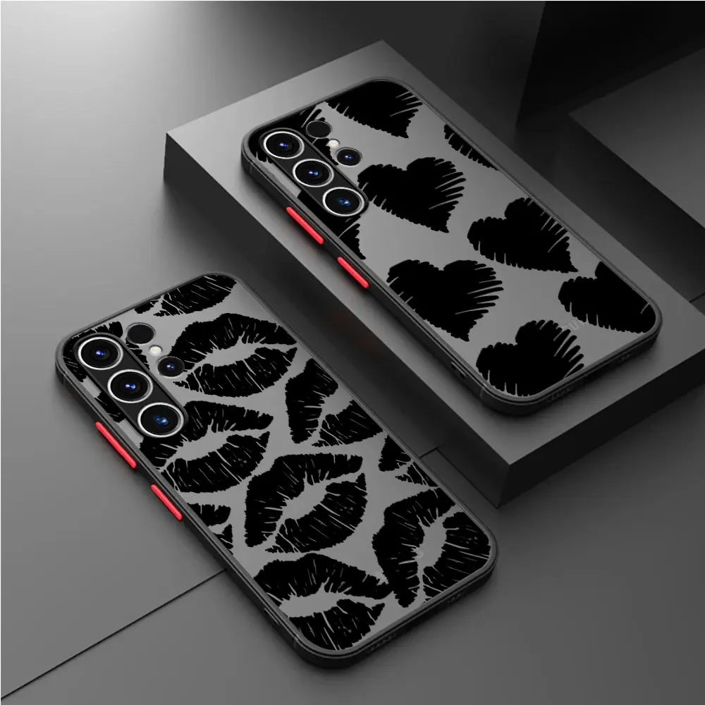 Matte Case For Samsung Galaxy S22 S23 Ultra S24 S20 S21 FE S10 Plus Capa Note 20 10 Lite Phone Funda Gothic Style Black Lip