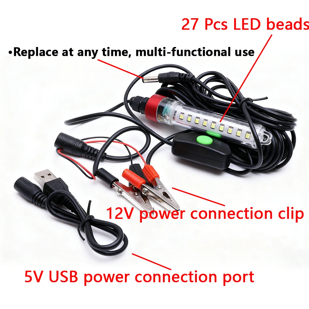 قطعة واحدة من مصابيح الصيد مع وضعين للاتصال 5 فولت - 12 فولت، ضوء طُعم السمك الصغير تحت الماء في الهواء الطلق، ضوء طُعم السمك LED