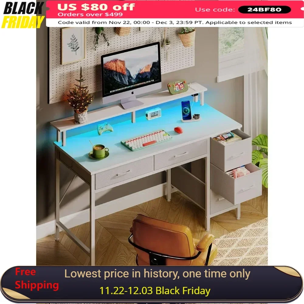 

Computer Desk, with Power Outlets & LED Light, 47 Inch Home Office Desks with 5 Drawers, with Monitor Stand, Computer Desk