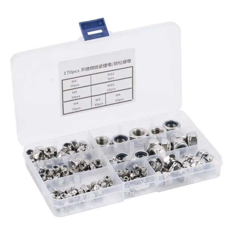 170pcs M3 M4 M6 M8 M10 M12 304 Hexagon Nylon Stainless Steel Insert Lock NutHex Self Locking Nylock Locknut Set  Assortment Kit