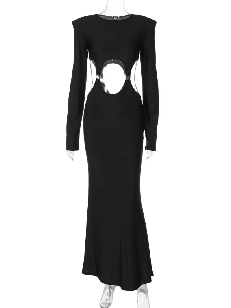 Elegant Hollow Out Long Maxi Evening Party Dresses for Women 2024 Long Sleeve High Waist Cut Out Black Formal Occasion Dress