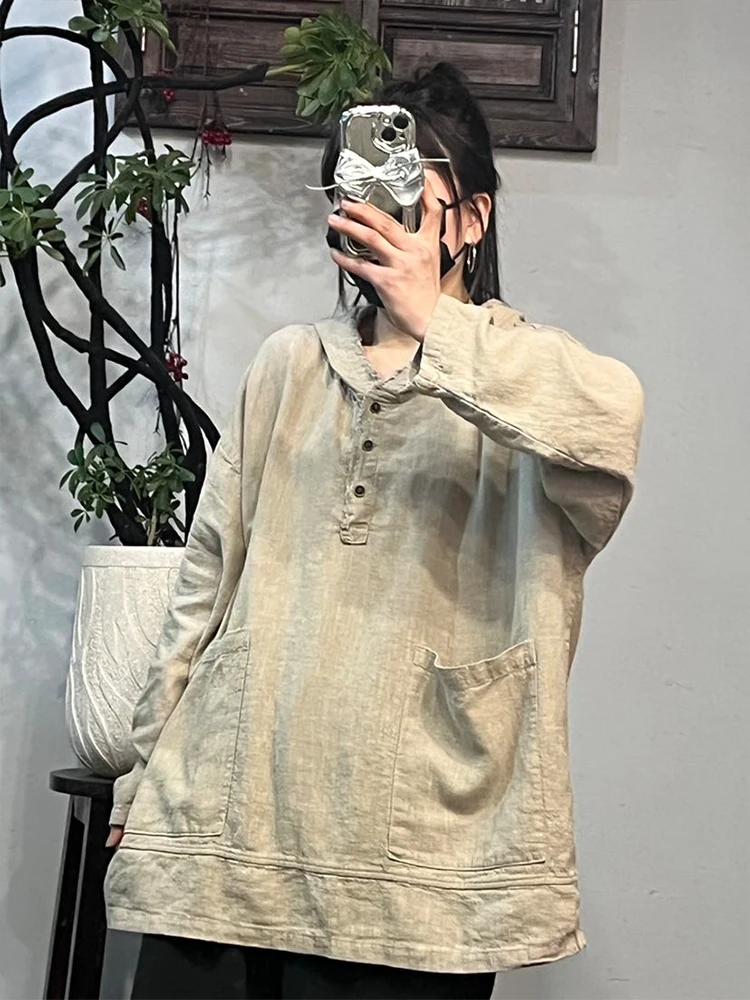 Amax LuluE Korean Spring Womens Hooded T-shirts Fashion Loose Casual Tops Ladies Classic Big Size Vintage Cotton Linen Clothes