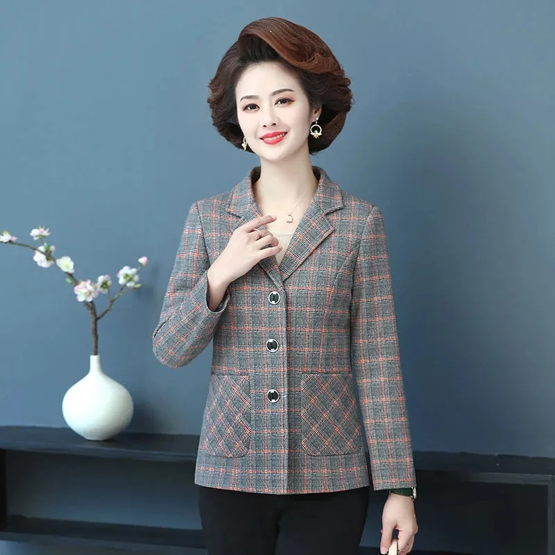 

Mother Blazers New Spring Autumn Short Plaid Suits Coat Middle Aged Women Long Sleeve Suit Jacket Elegant Blazers With Lined 5XL