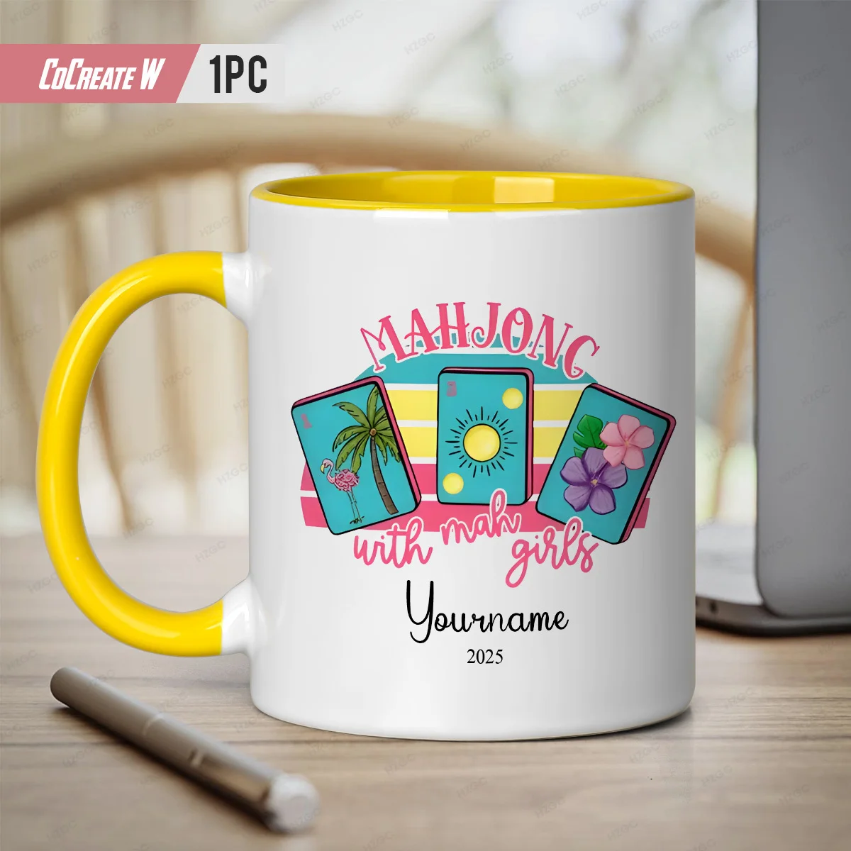 Personalized Mahjong Mug Custom Name Text Ceramic Coffee Cup 2D Print Mahjong Girl Design Gift for Party Birthday