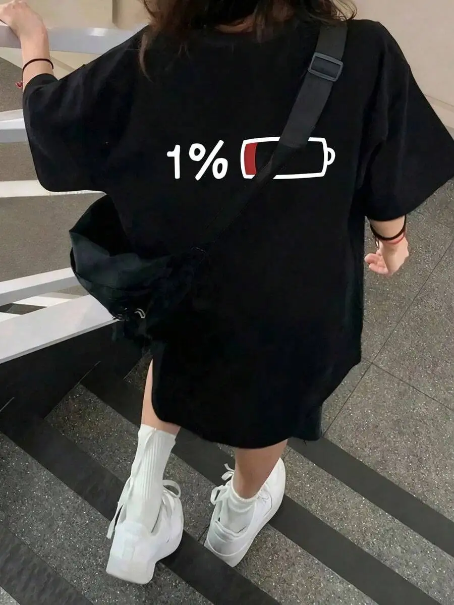2026 New Plus Size Women Only 1% Battery Left Graphic Print T Shirt Casual Comfort Daily Wear Vacay Vibes Summer Basic Top T Shirt