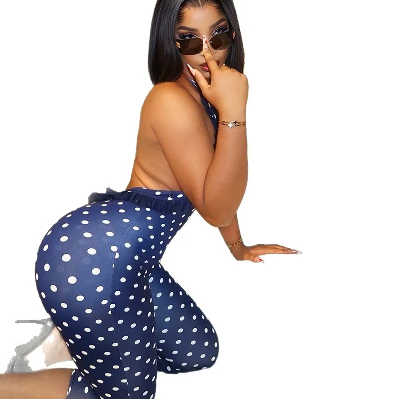 Fashionable Polka Dot Women's Waist-cinching Printed Backless Jumpsuit With Suspender Neck And Sleeveless Design Lace Sexy