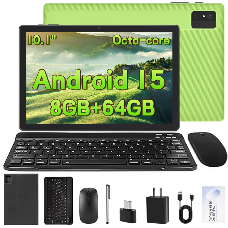

2025 Android 15 Tablet 10.1", 8GB+64GB+1TB Expand, 2 in 1 Tablets with Keyboard Case Mouse Stylus, 5000mAh Octa-Core Dual Camera