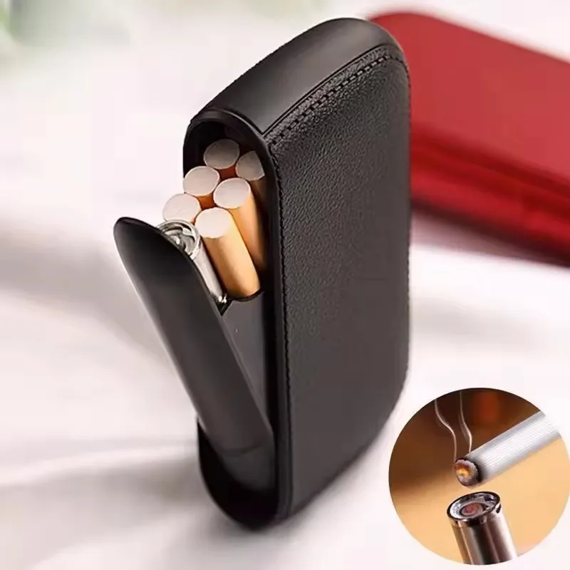 

New Imitation Leather Cigarette Case with USB Tungsten Electronic Lighter Cigarette Case Men's Exquisite Gift Cigarette Tool