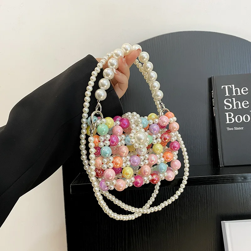 Candy Beaded Women\'s Shoulder Bag Fashion INS Colorful Pearl Crossbody Bags for Woman Cute Knitted Hollow Out New In Handbag