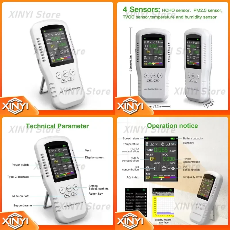 Bosean Newest Portable Carbon Dioxide Detector Temperature Wireless Humidity Air Quality Desktop Indoor Co2 Meter Monitor