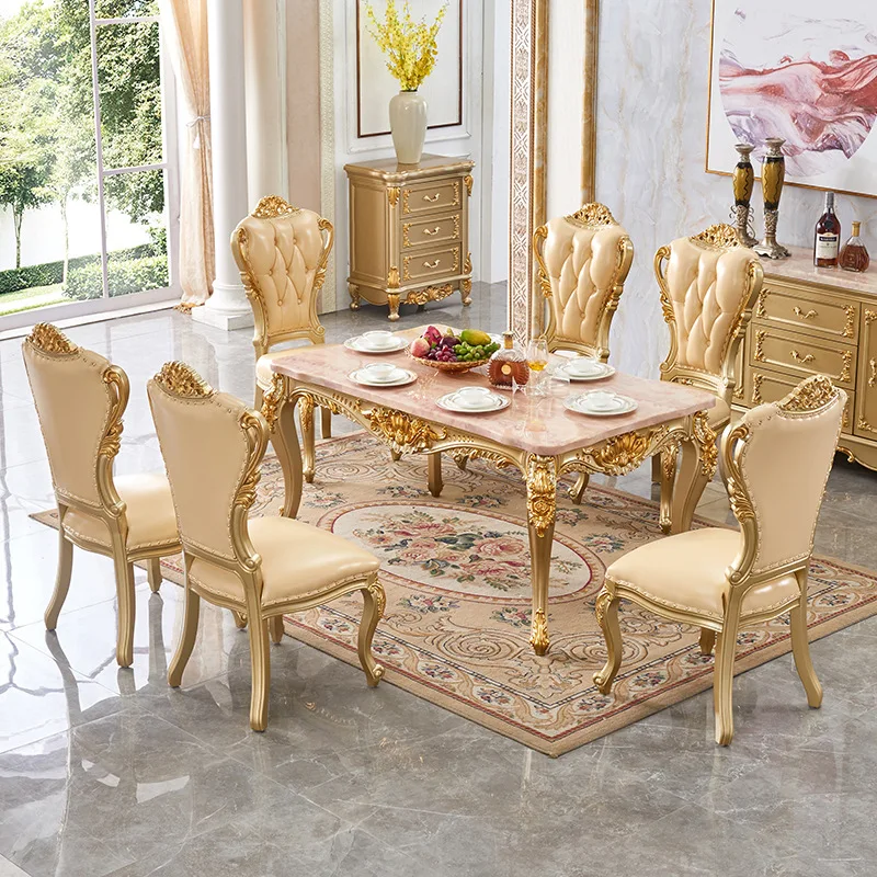 

#Modern Solid Wood Frame Marble Top Dining Table Rectangular Oak Carving High-grade Dining Chair Set Durable Waterproof