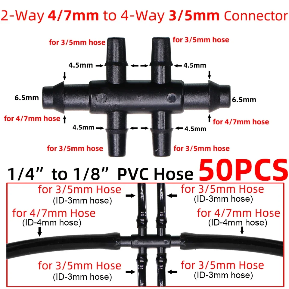 50-piece drip irrigation connector set for 4 mm and 7 mm tubing with 1/4 inch barbed tees crosses and end plugs suitable for low