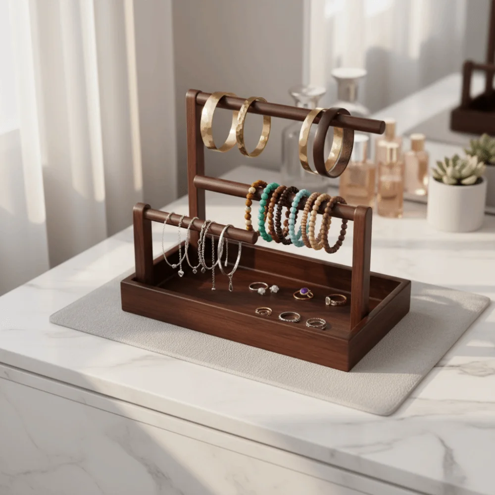 

Solid Wood Jewelry Stand Retro Style Multi-Layer Design Ring Earring Necklace Display With Hook Wooden Material