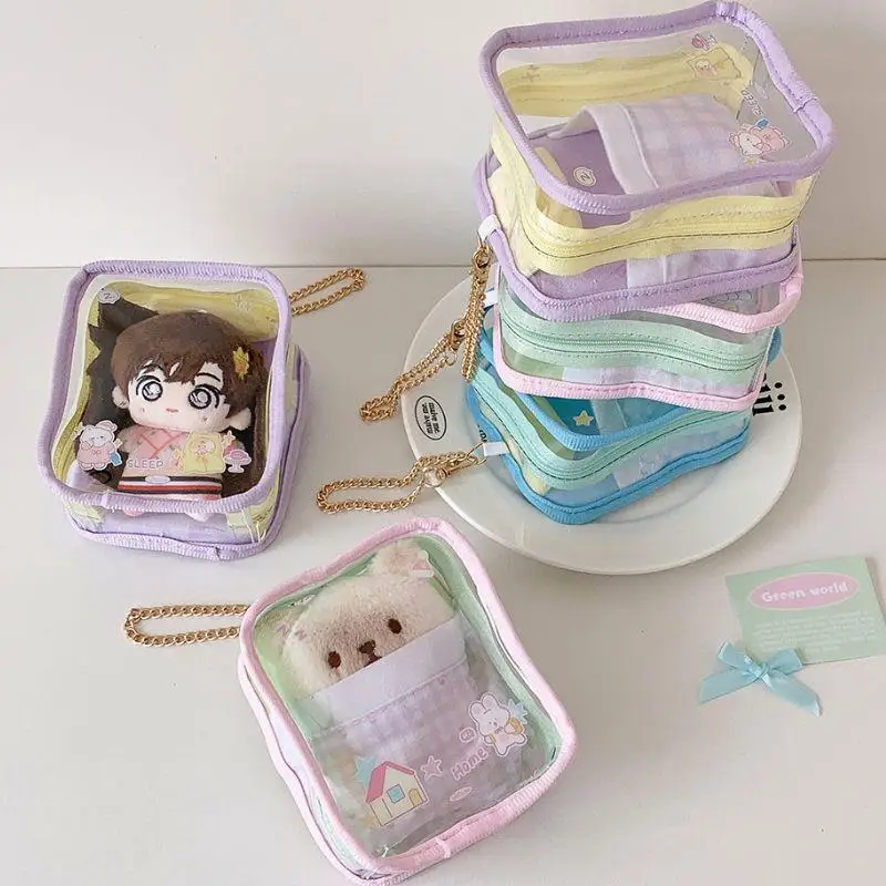 Borsa per esposizione per bambole in cartone animato Custodia per portachiavi Borsa per bambole in uscita Accessori per scatole per organizer per bambole trasparenti a prova di polvere