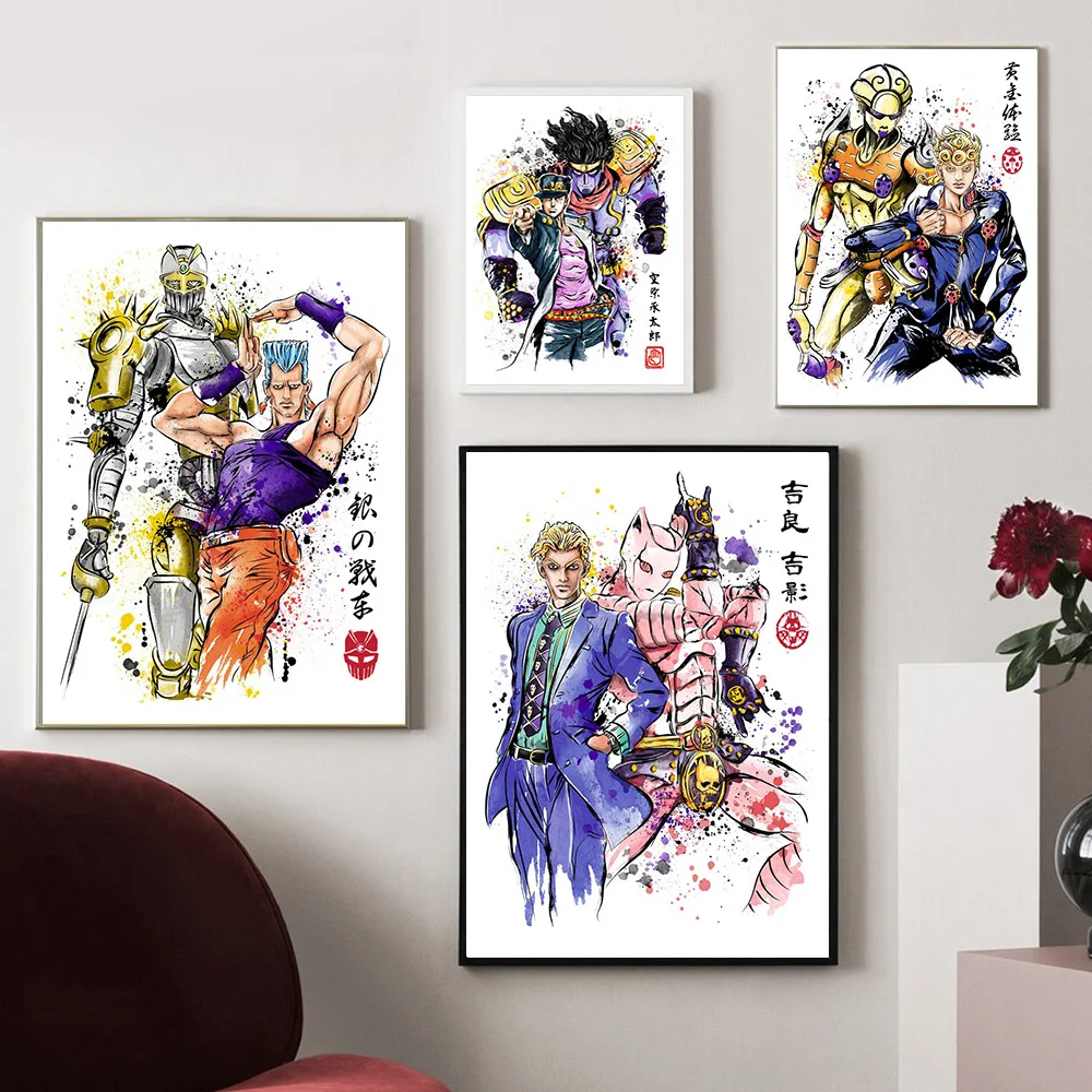 Japanese Anime Ink Style Character Canvas Wall Art Set Watercolor Stand Figure Poster Manga Fan Print