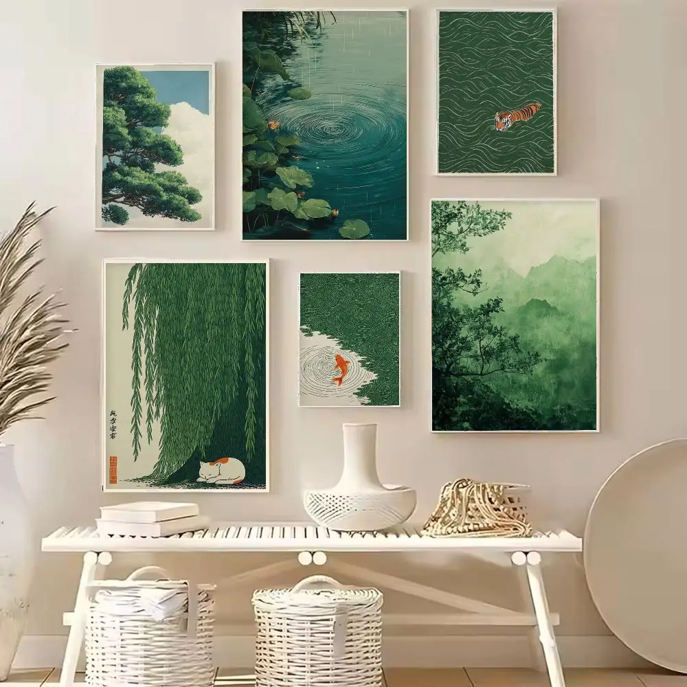 Retro Japanese Forest & Koi Fish Zen Water Waves Crane Painting Canvas Poster Print Wall Art for Peaceful Home Decor Cuadros