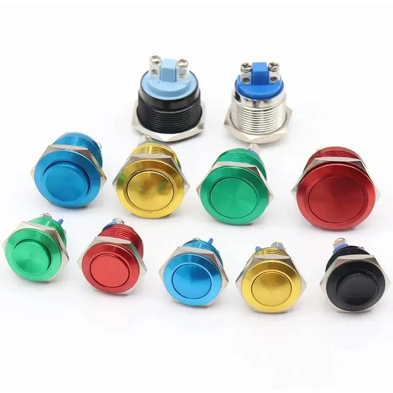 Logam Push Button Switch Tahan Air IP65 Oksidasi Self Reset Sesaat 16 Mm/19 Mm/22 Mm Merah Biru hitam Hijau Warna Kuning 1NO