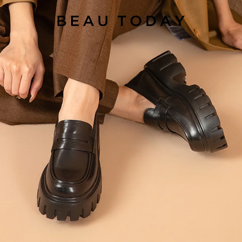 

BEAUTODAY Platform Penny Loafers Women Genuine Cow Leather Round Toe 2023 Slip On Chunky Sole Ladies Casual Shoes Handmade 27733