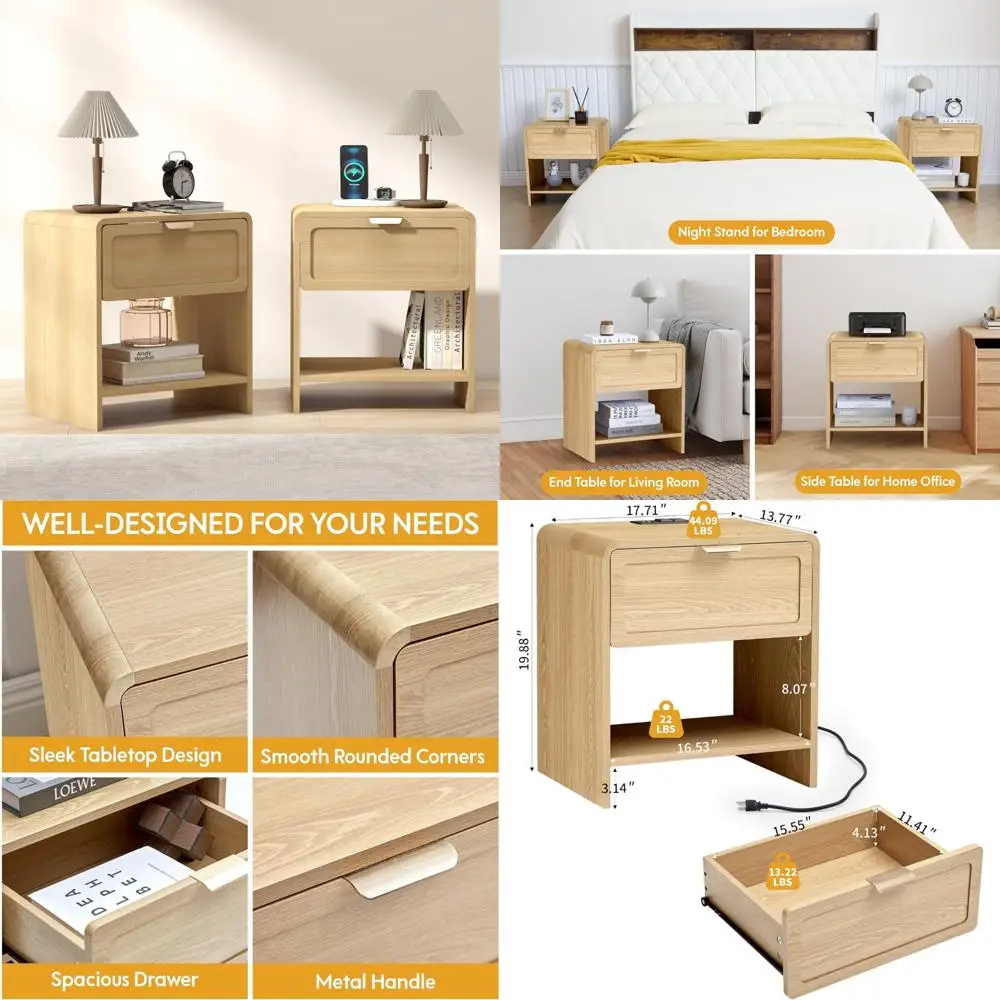 Par de mesitas de noche modernas de mediados de siglo con estación de carga, rincones curvos, mesitas de noche de madera para decoración elegante del hogar