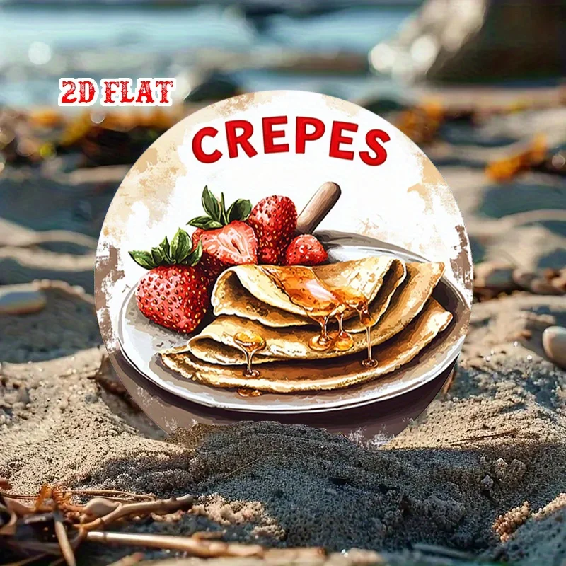 Letrero Metálico Redondo de Alta Definición con Diseño de Crepas y Fresas para Decoración de Cocina o Cafetería