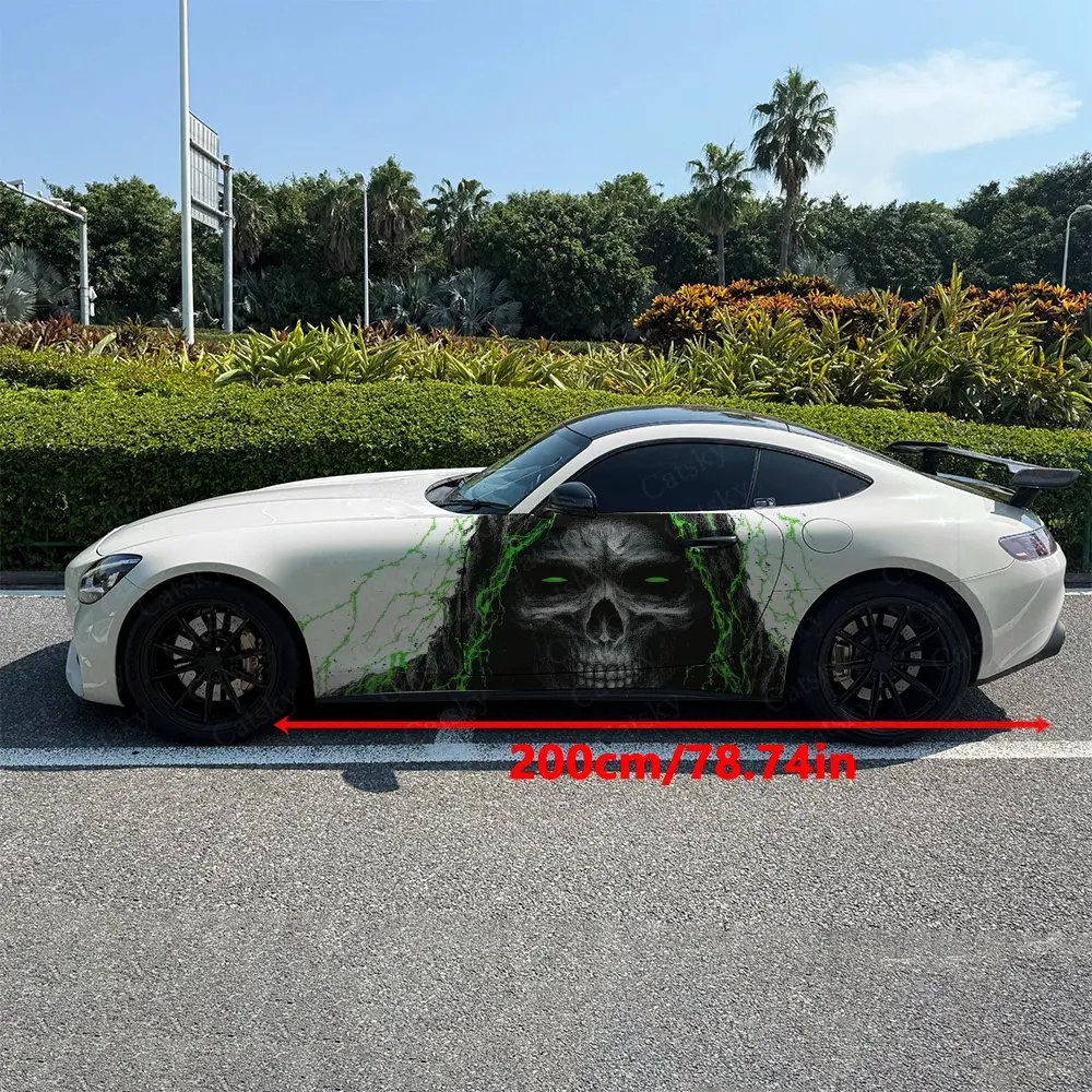 2pcs Green Lightning Hooded Skeleton Car Side Wrap, Self-Adhesive PVC Waterproof & Scratch-Resistant Sticker, Car Accessory Gift
