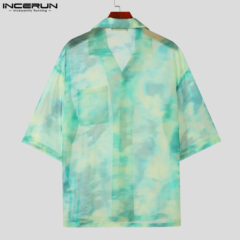 INCERUN Men Shirt Tie Dye Lapel Short Sleeve Streetwear Summer Chiffon Men Clothing 2024 Transparent Fashion Casual Camisas 5XL