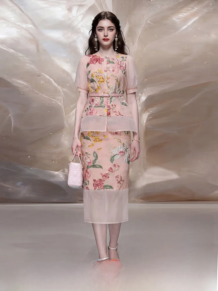 

Elegant Summer 2026 Pink Floral Embroidery Mesh Splice Simple Matched Half Skirt Set Short Sleeve round Neck Breathable Fashion