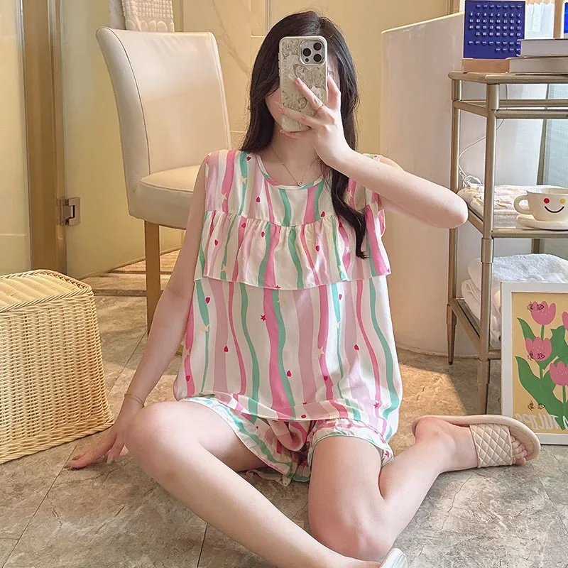 Sleeveless Floral Print Woman Satin Pajama Sets Shorts Ensembles 2 Piece Two Piece Pants Outfit Lounge Women Pijama Sleepwear