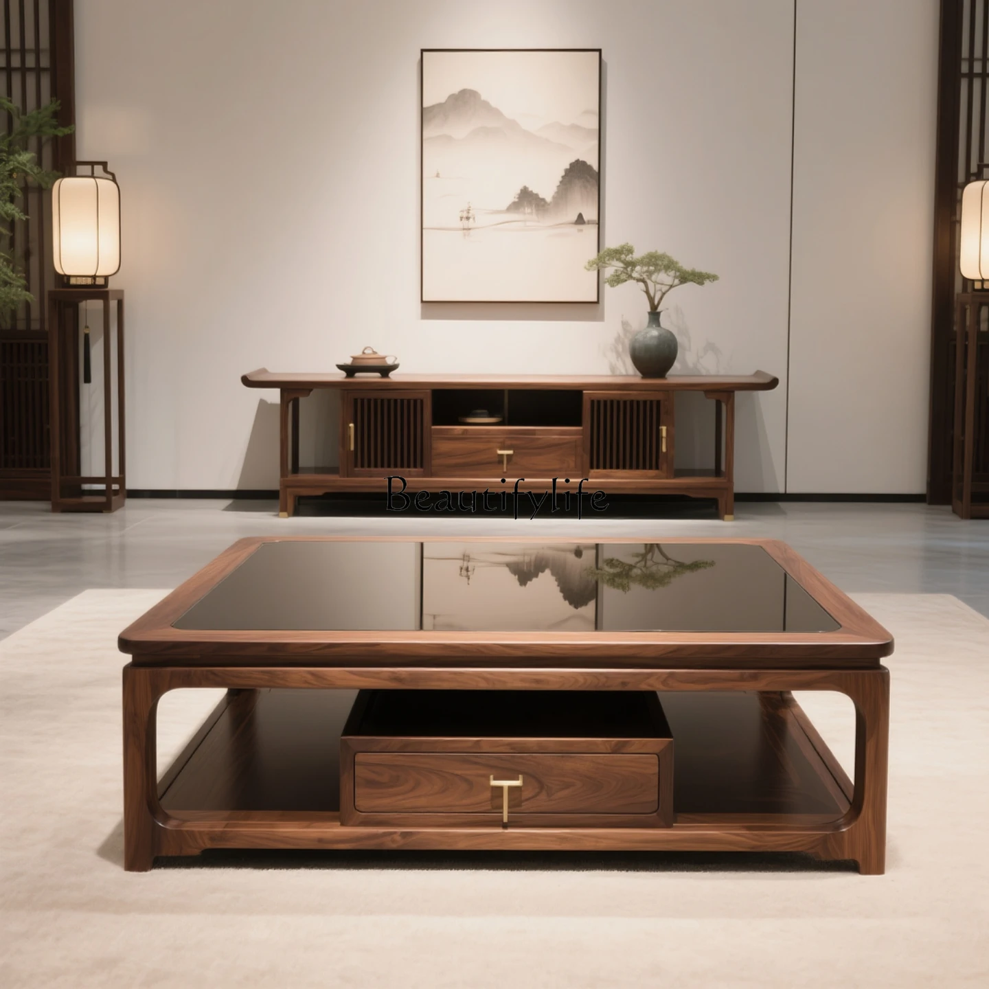 

New Chinese living room coffee table solid wood black walnut modern simple mansion high-end coffee table