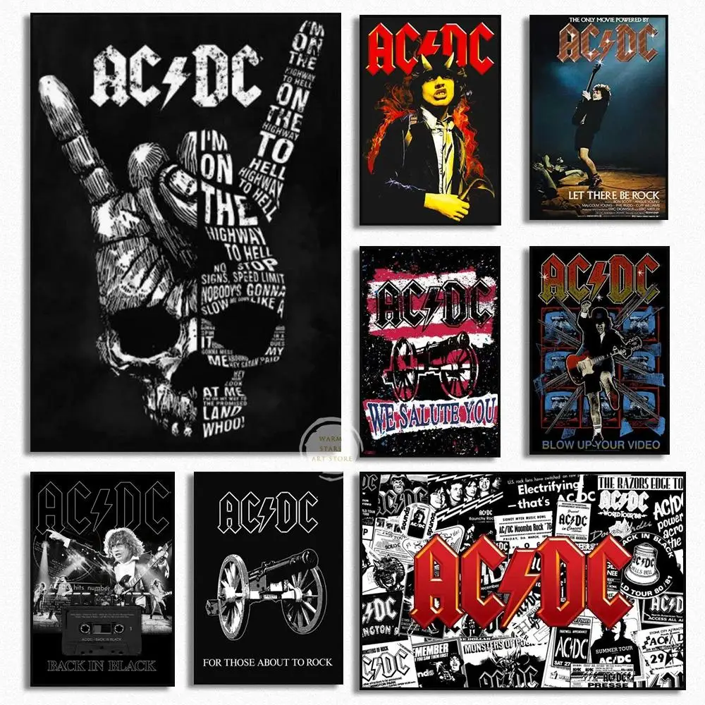 ACDC Band Poster  Black and White Rock Singer Canvas Art with Skeleton  Gun Motif Modern Home Wall Decor