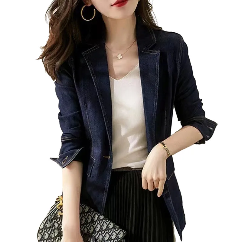 High Quality Denim Blazers Short Design Single Button Jean Coat Female Vintage Navy Blue  Long Sleeve Slim Notched Suit Jacket