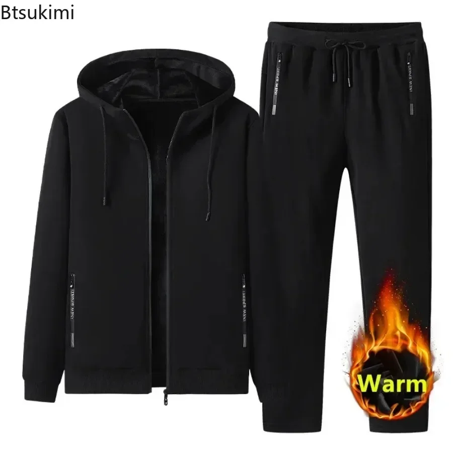 2024 Autumn Winter New Men Sets Men\'s Fashion Plus Fleece Thickened Warm Pure Cotton Hooded Sportwear Suit Man Casual Tracksuits