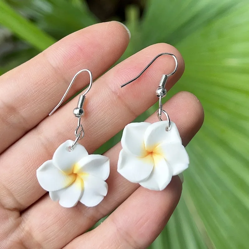 1Set Hawaiian Plumeria Necklace Dangle Earrings Handmade Soft Polymer Statement Ear Rings Jewelry 2024 Flower Earring for Women