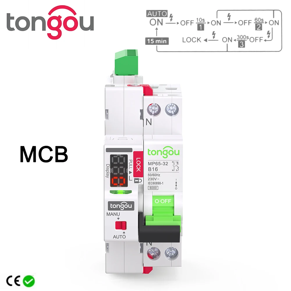 TONGOU MCB LED Auto Recloser Modular Circuit Breaker 10A 16A 25A 32A Safety Switch 230V Mini Circuit Breaker