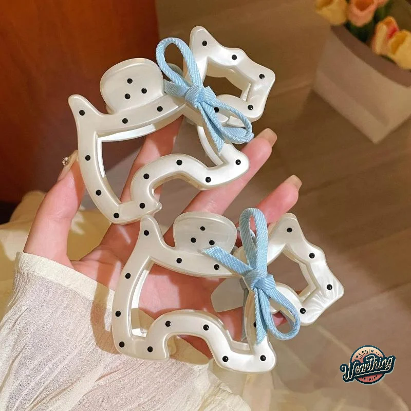 

Elegant White Polka Dot Dog Bow Hair Claw, Large Shark Clip, Korean Style