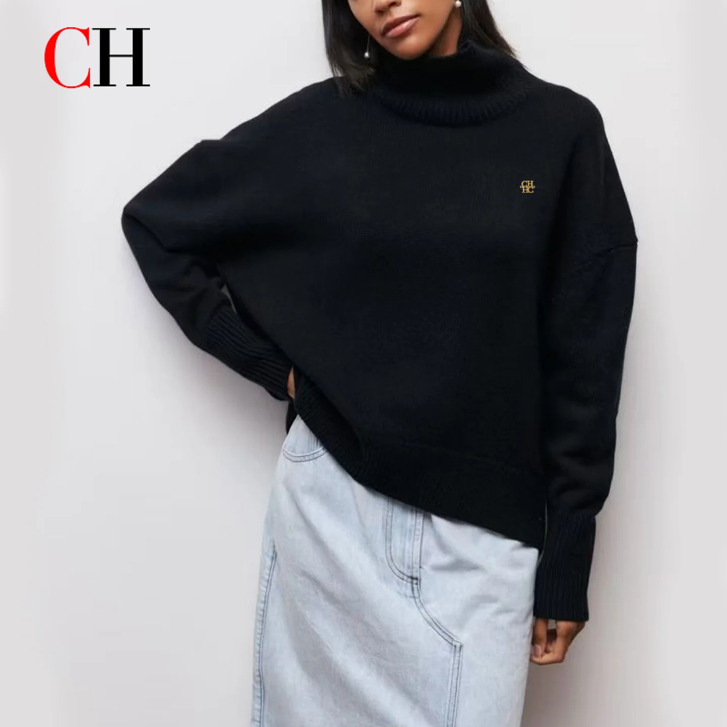 CHWomen Turtleneck Knit Sweater Drop Shoulder Long Sleeve Small Embroidered Logo Oversized Loose Fit Casual Knit Pullover Jumper
