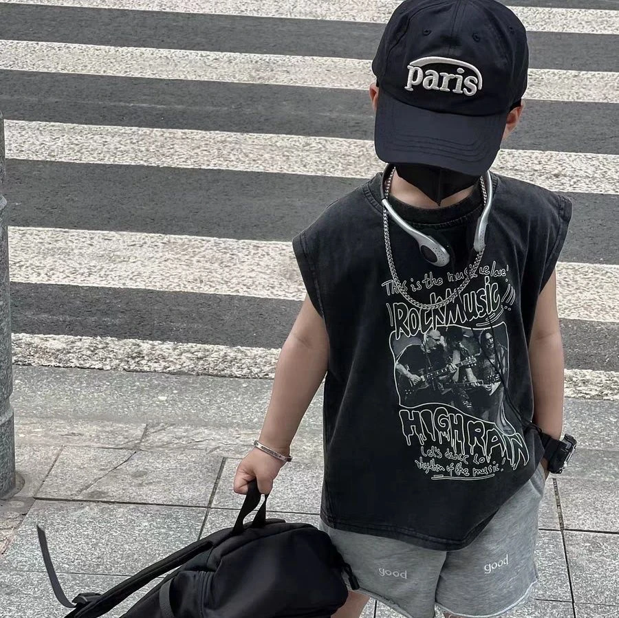 2025 Boy Summer Top Sleeveless American Style Stir Fried Salt Boy Camisole Korean Version Children Outfit Style Trendy Stylish