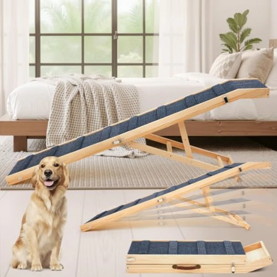 

Складная пандусная лестница для собак для кровати/дивана/автомобиля, 75 дюймов, очень длинная деревянная лестница с противоскользящим покрытием, мягкий длинный наклон, верхняя платформа, 5 дюймов