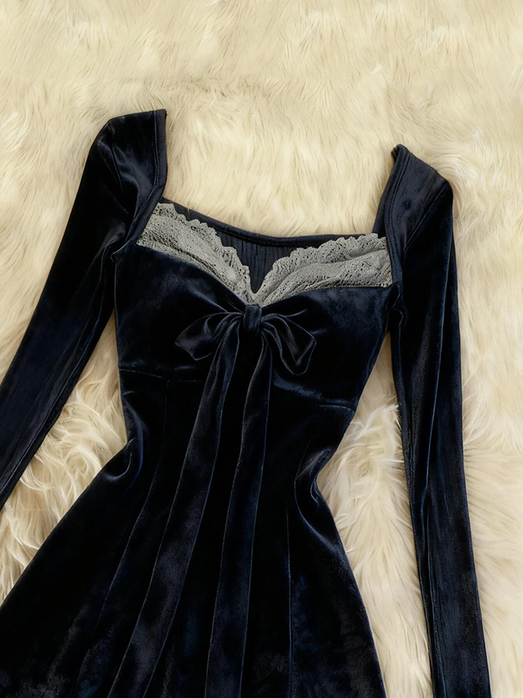 Długa spódnica Ele Deep Blue Lace Sve Dr ort, wyszczuplająca, damska, oryginalny projekt, sezon jesienny, mieszanka bawełny, A-Li...