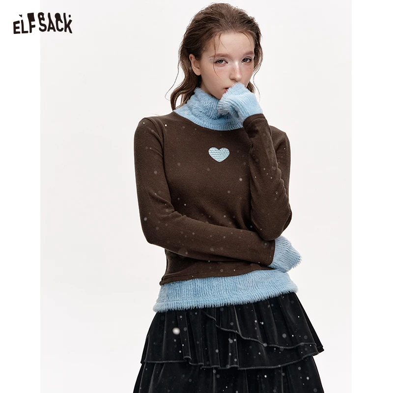 ELFSACK 2024 Winter New Arrivals Heart Embroidery Contrast Color Turtleneck Bottoming Shirt