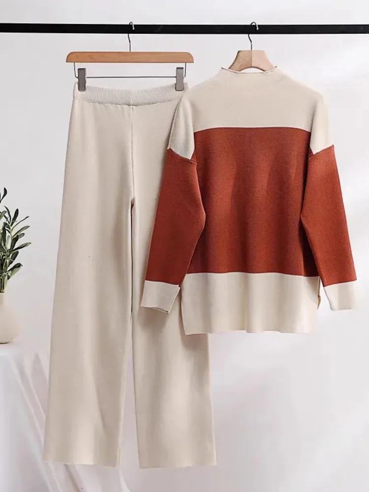 Spring Knitwears 2 Piece Sets Loose Pullover Sweater Ensemble High Waist Wide Leg Pant Suits Soft Woman Casual Conjuntos