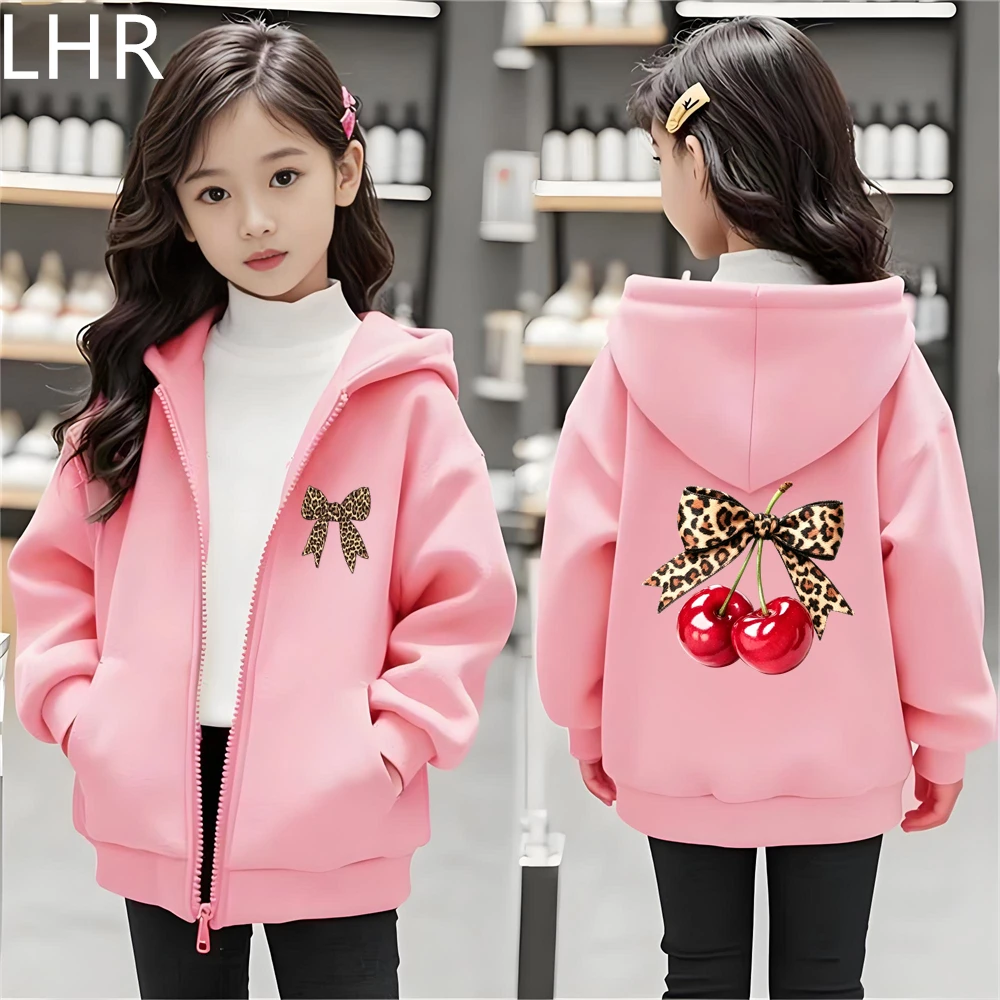 Girl Pink Tops Cherry Bow Children Hoodie Zip Up Black Gray Coat Boy Hoodies Kid Outdoors Autumn Zipper Style