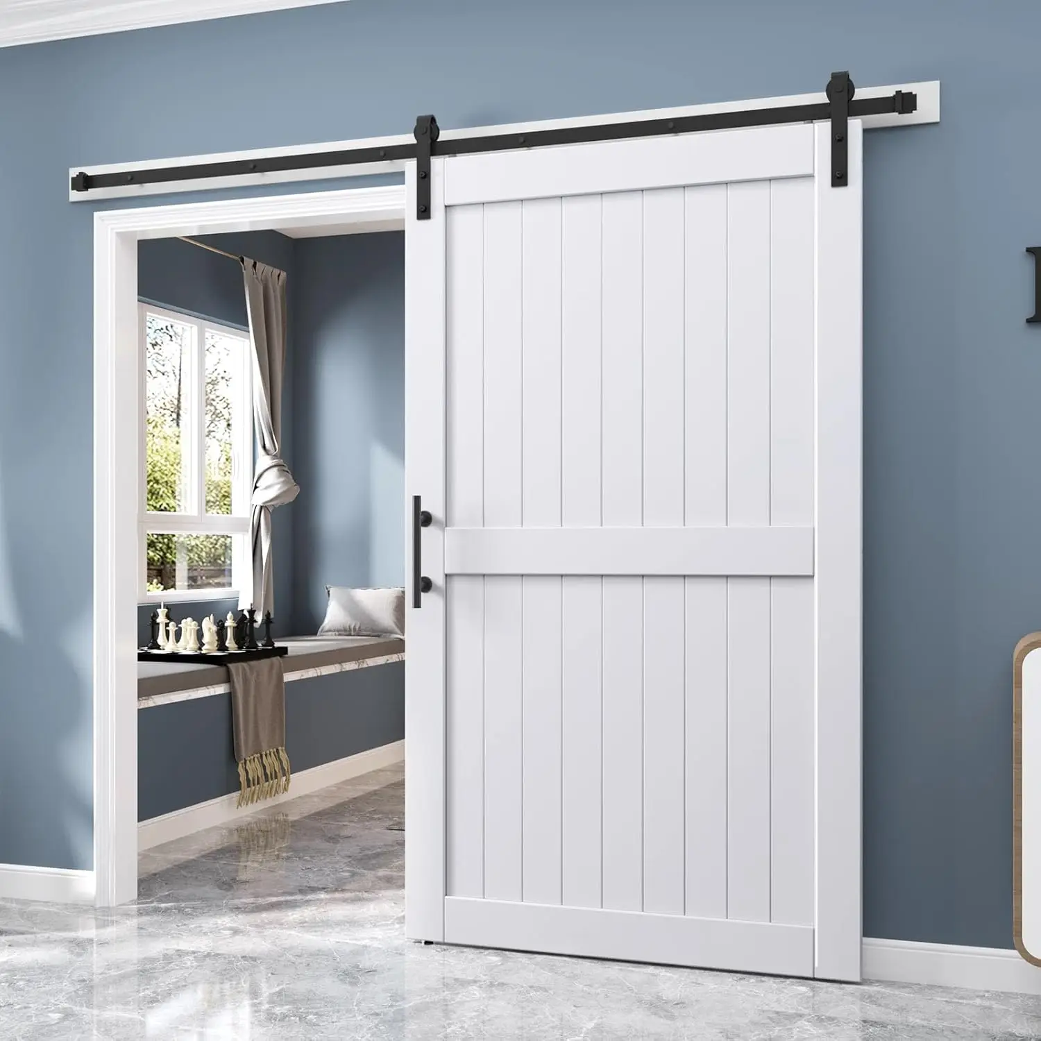 54in x 84in Sliding Barn Door with 9FT Barn Door Hardware Track Kit Included,Solid Inside Covered with Water-Proof PVC Surface