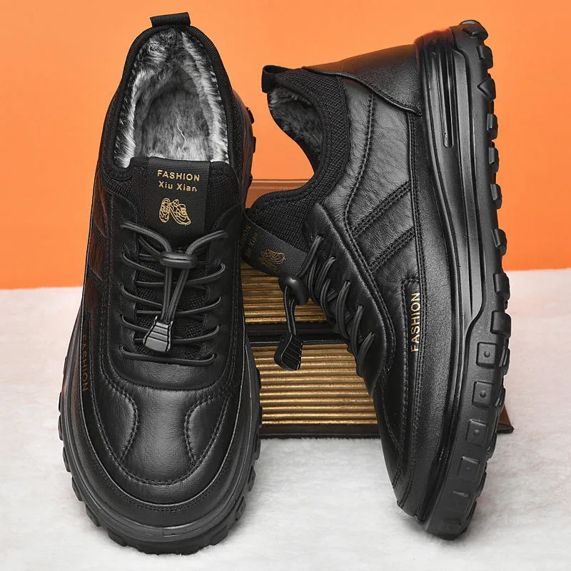 

Winter New Men's Velvet Warm Cotton Shoes Korean Edition Fashion Leather Thickened Pure Black Sports and Leisure Men's Shoes