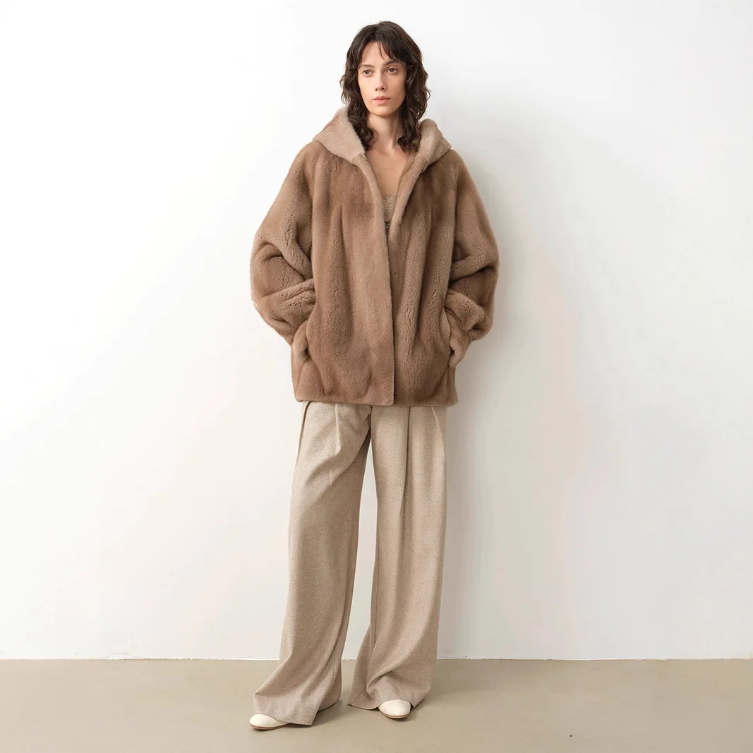 2026 Women Winter Jacket White Brown Hooded Fashion Warm Soft Loose Imitate Mink Fur Coat Casual Parkas